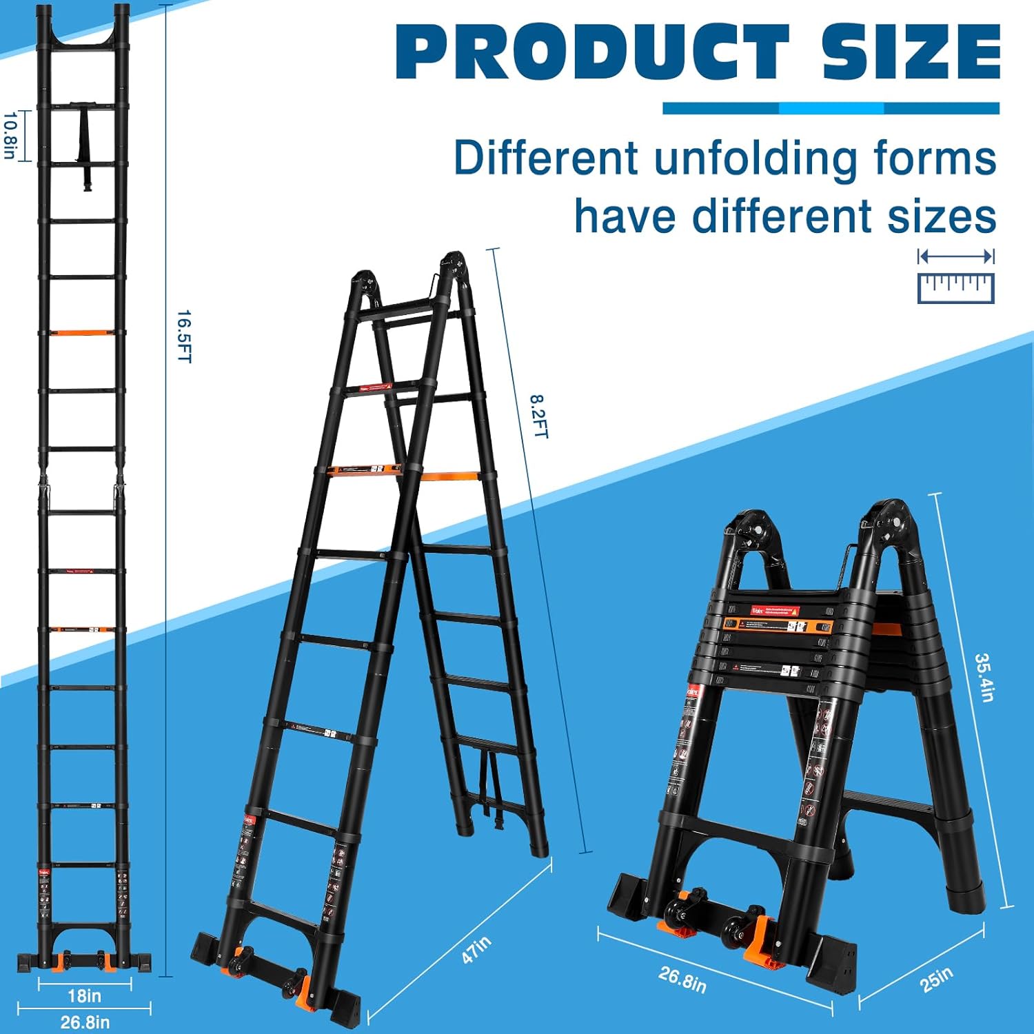 16.5 FT A Frame Telescoping Ladder, Adjustable Multi-Purpose Collapsible Extension w/Balance Bar & Wheels, Heavy Duty 330 lbs Max Capacity, Ideal for Home and Outdoor Work, Black