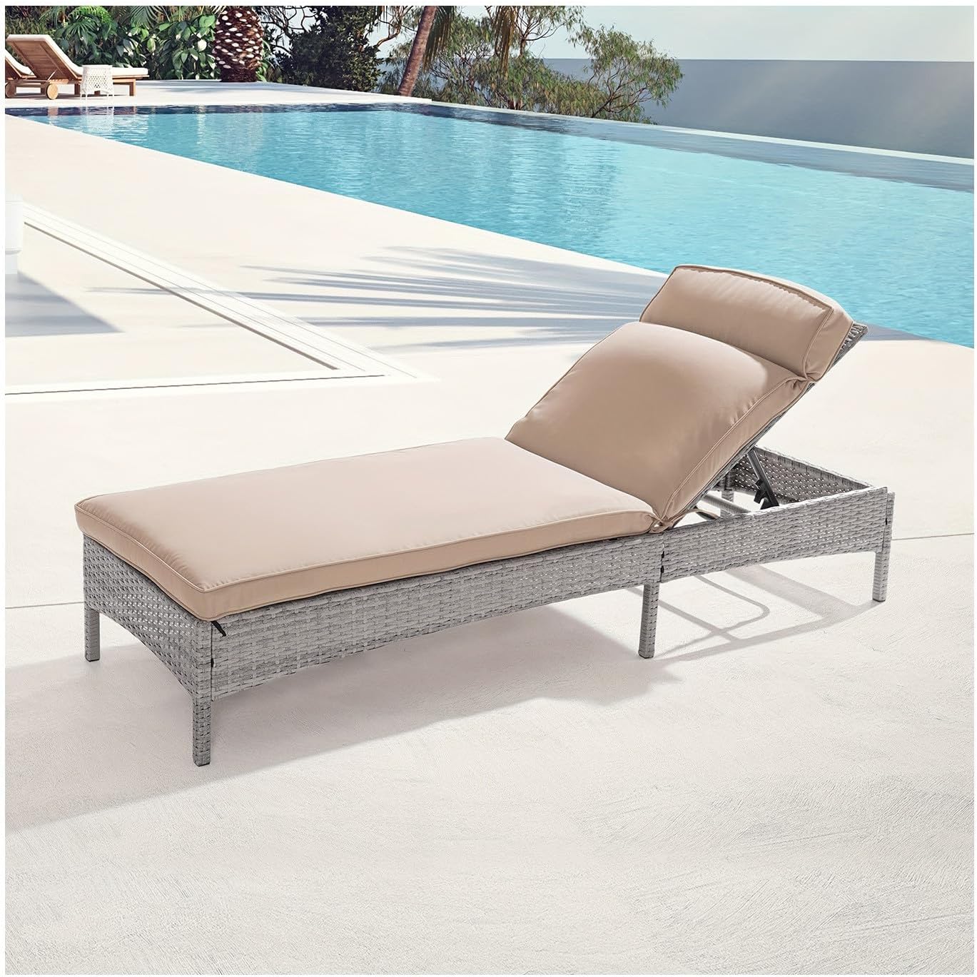 (5-9 Days delivery) Outdoor Lounge Chaise Patio Rattan Chair Adjustable Inclination Angles Weather-Resistant Rattan Frame 5 Adjustable Positions for Outdoor, Patio, Beach, Yard (Sand)
