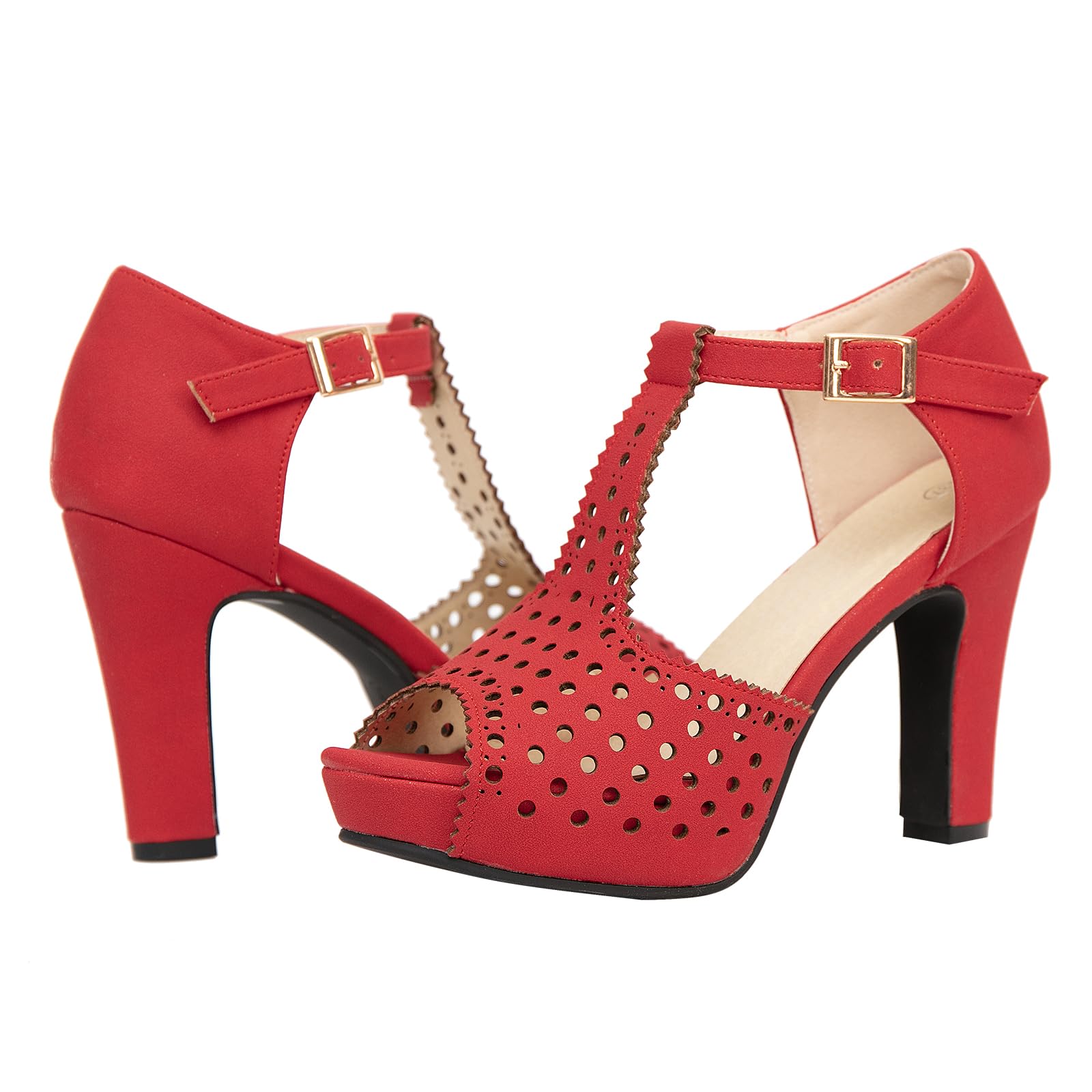 getmorebeauty Women's Vintage Heeled Sandals Suede Ankle T Straps Dress Block High Heel Sandals Women Shoes: 7 187-red