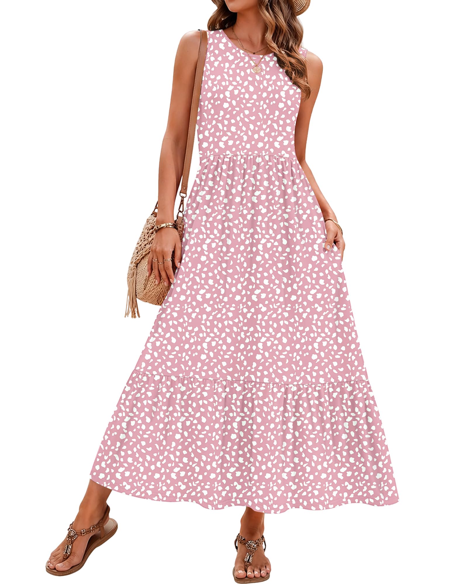 AUSELILY Sommerkleid Damen Lang Ärmelloses Maxikleid Damen Sommer Strandkleid Lange Rundhals Tank Top Kleider Leicht und Luftig mit Taschen Elastischer Taille