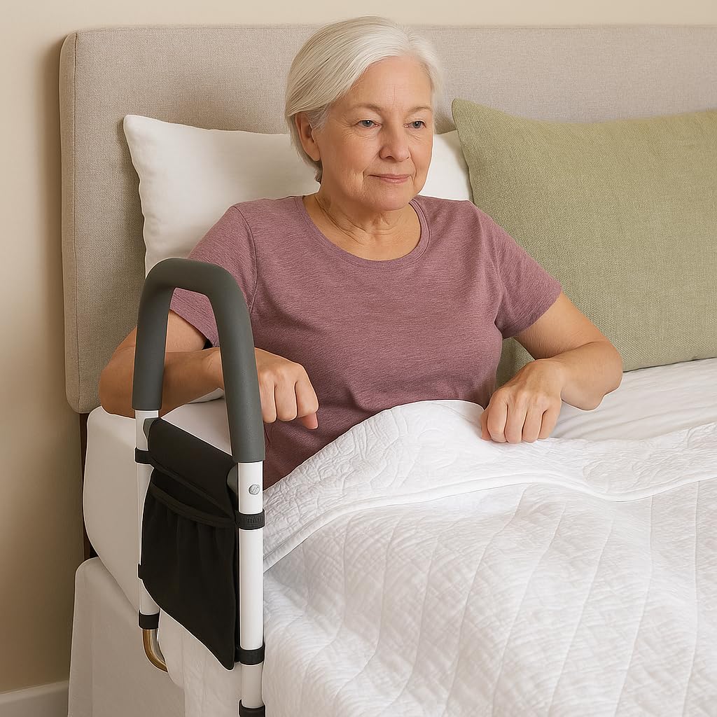 Ved Bed Assist Rail – Corrimano di sicurezza per comodino ad alta resistenza con borsa portaoggetti, supporto anticaduta per anziani, donne incinte e disabili, supporta fino a 330 libbre / 150 kg