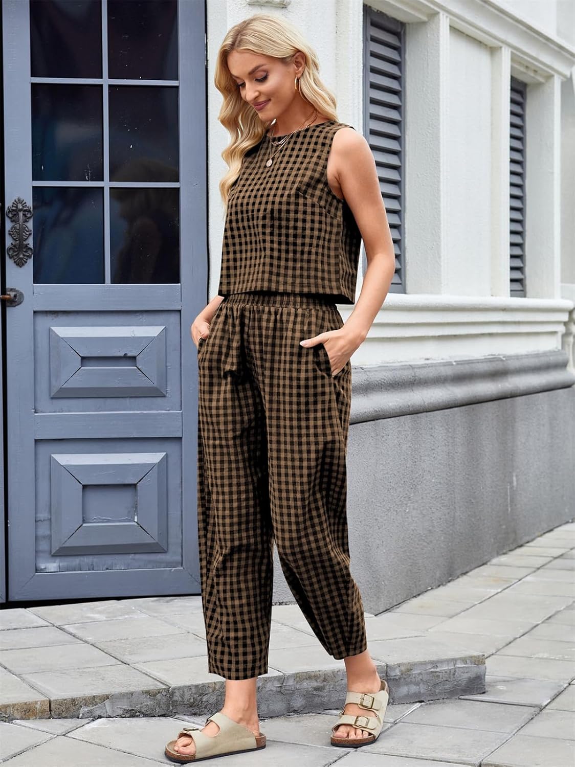 SotRong Gingham Summer Two Pieces Outfit Women Relaxed Boxy Fit Plaid Checked Pattern Lei… thumbnail 5
