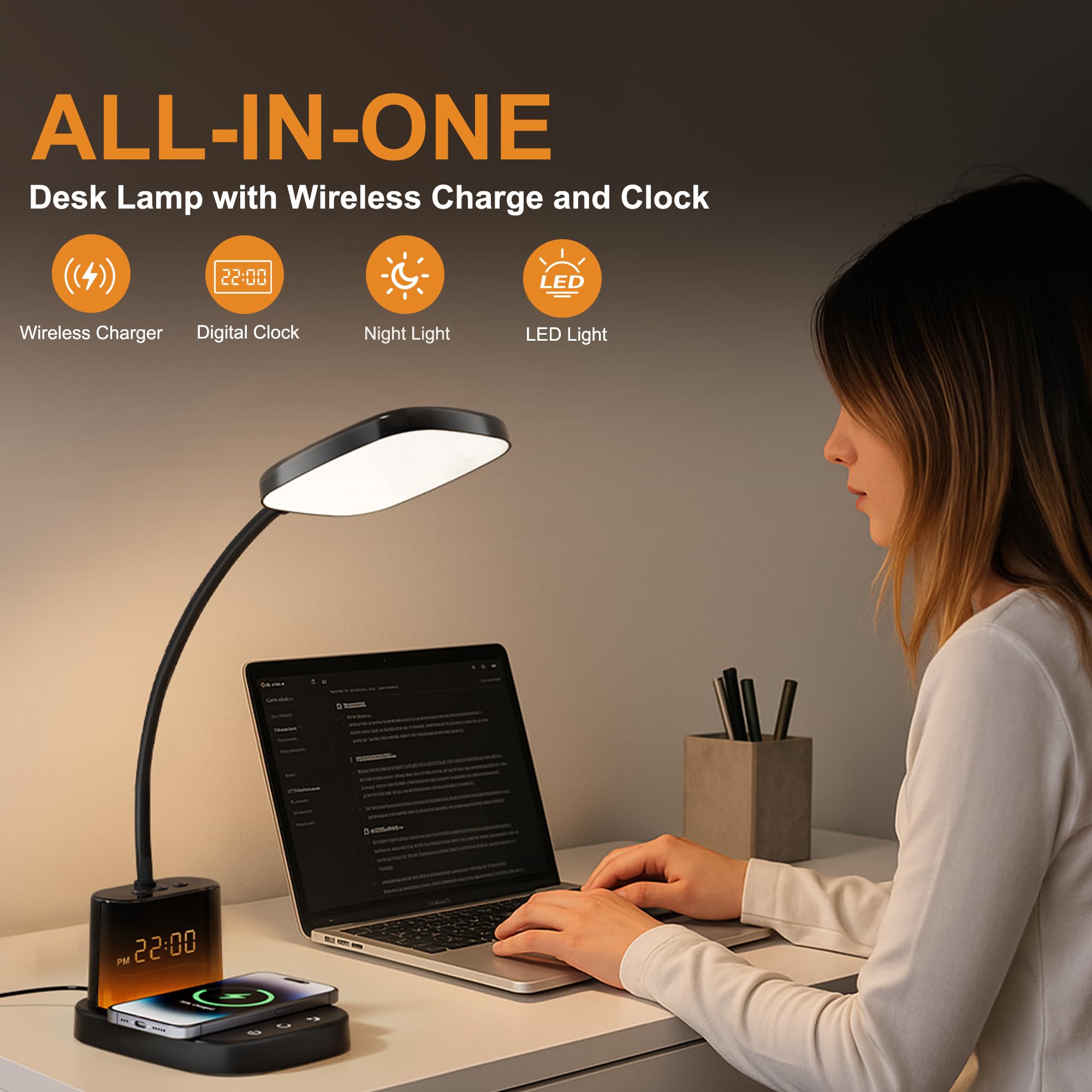 Schreibtischlampe, Nachttischlampen mit kabellosem Ladegerät und Uhr, 30 Minuten automatische Abschaltung, Nachtlichtlampe, 3 Farbmodi, dimmbar, Touch, 800 lm, CRI 95, LED-Schreibtischlampen