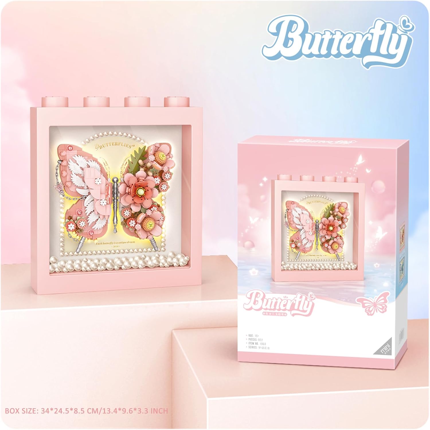 MEIEST Butterfly Picture Frame Building Blocks Set,Creative Flowers Building Set with Exquisite Frame,Fantasy Building Bricks Toys,Home Decor (Pink)