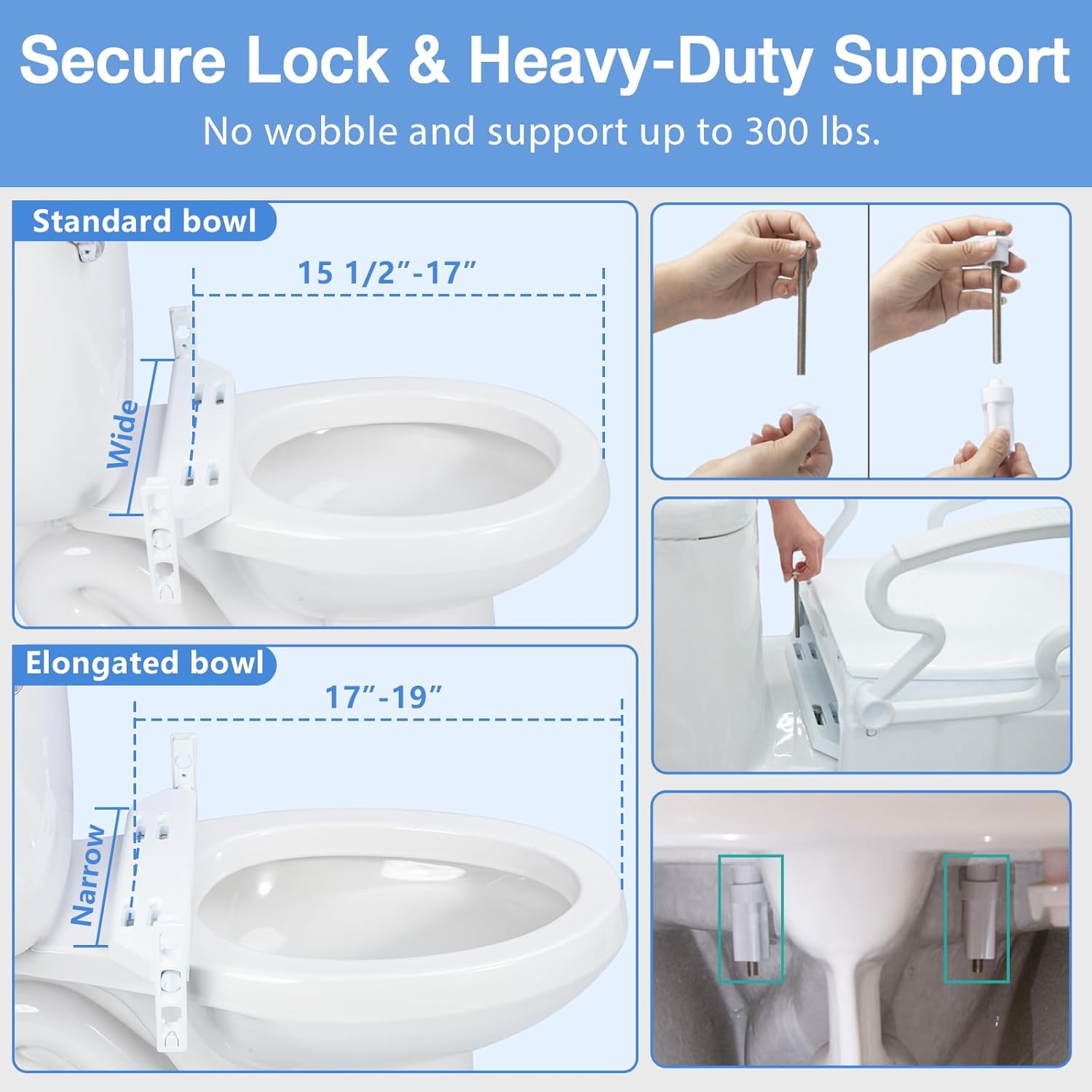 Diagram showing how the secure locking mechanism fits both standard and elongated toilets.