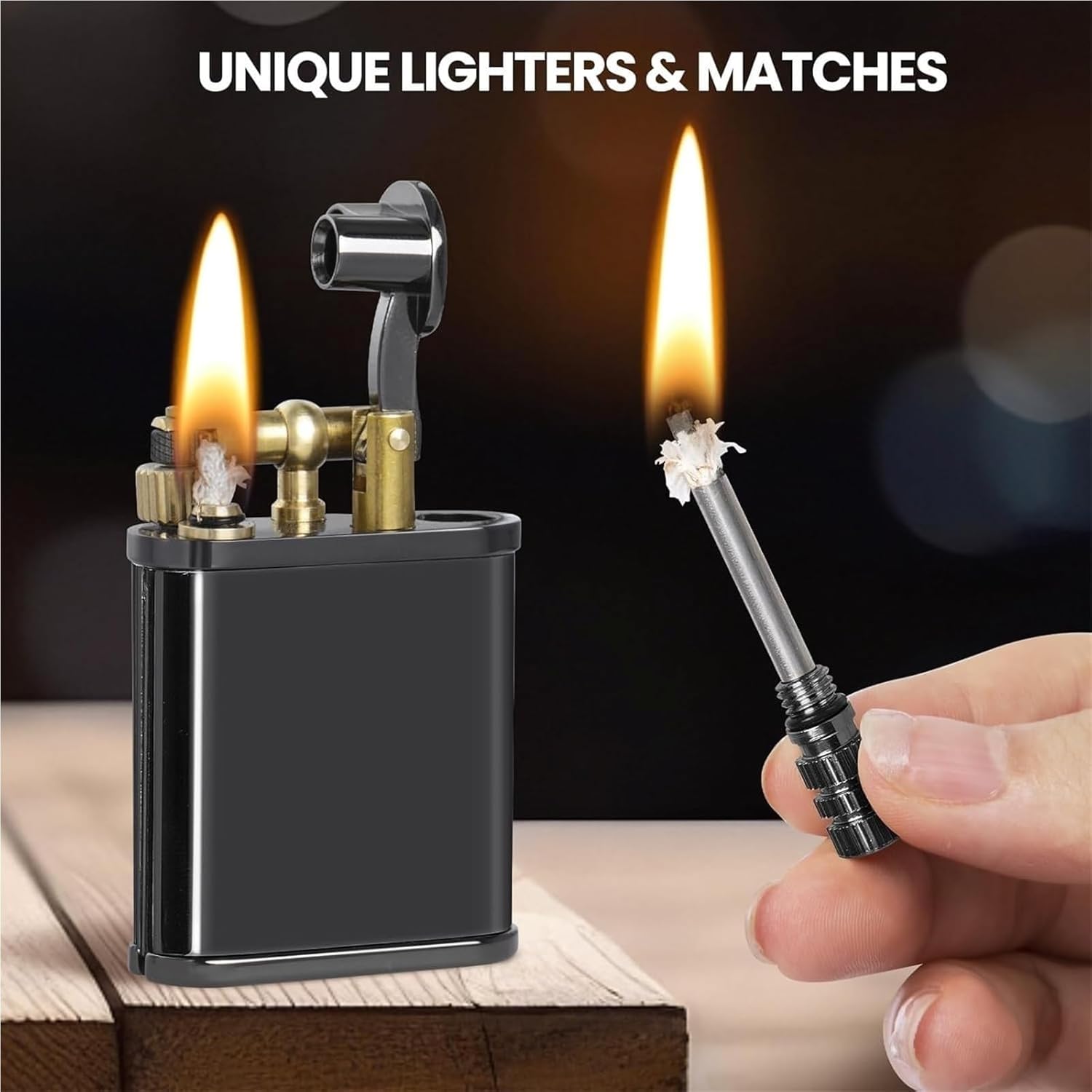 2 in 1 Kerosene Lighter, Metal Material, Two Ignition Methods, Portable Match Lighter, Reusable, Suitable for Outdoor Camping Gifts (Fuel not Included)(Gold)