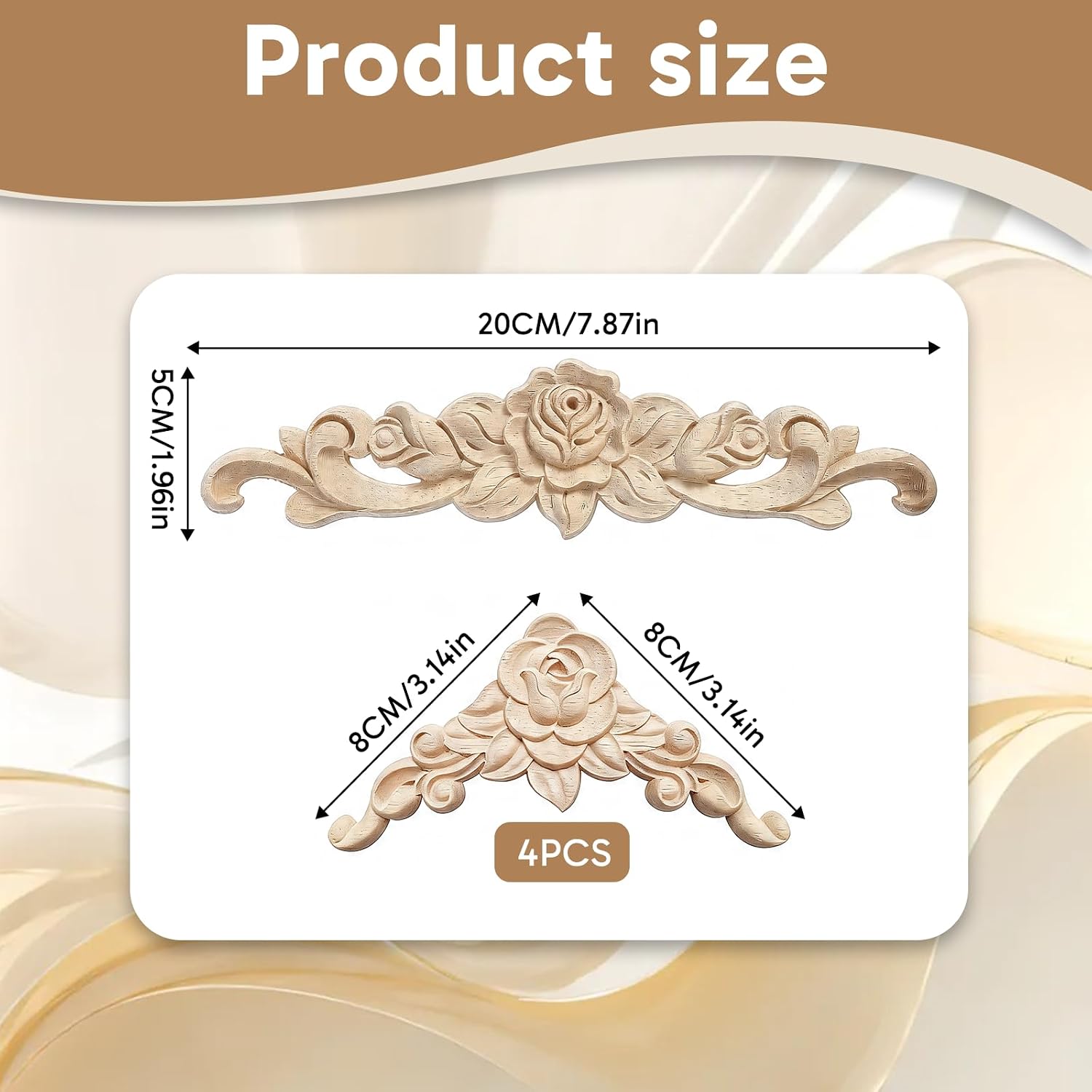 5pcs Wooden Appliques Set with 1 Long and 4 Right-Angle Wood Appliques for Furniture, Wooden Roses Decorative Carved Appliques for Cabinet Door Bed Wardrobe DIY Home Decor image 2