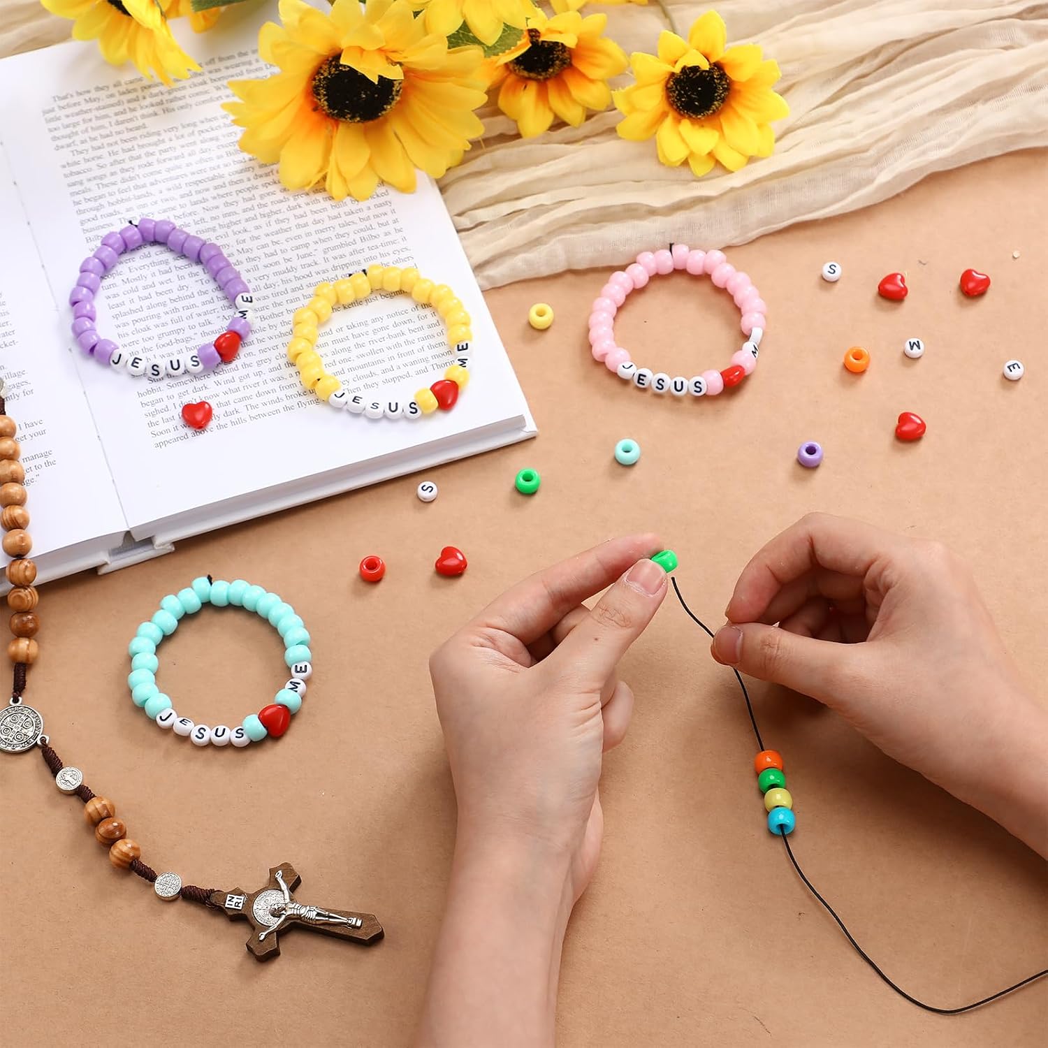 Ferreve 35 Sets Pastel Religious Bead Wristband Craft Kit Jesus Love Me Faith DIY Bead Craft Kit Love Letter Charms for VBS Week Sunday School Christian Bible Verse Gifts Making