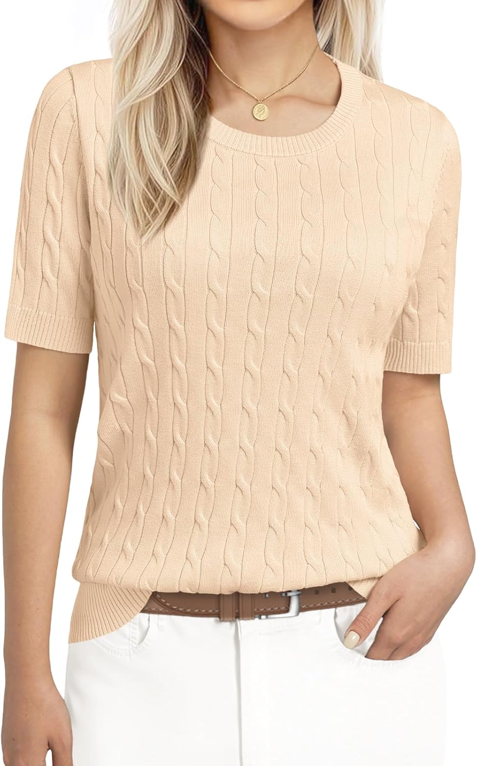 Womens Short Sleeve Cable Knit Sweater Lightweight Ribbed Pullover Office Casual Blouse 2026