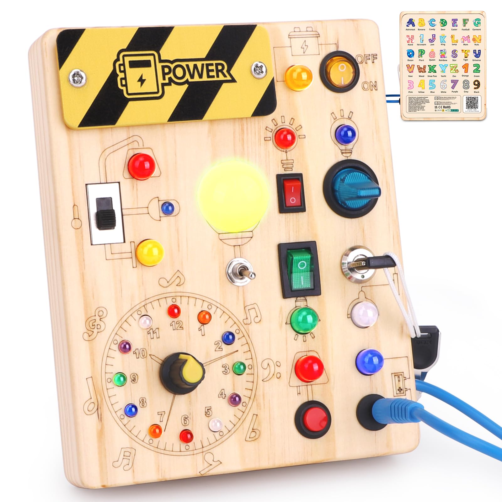 Busy Board Montessori Juguete a partir de 1 año de madera juguete de actividad motora sensorial juguete educativo con 10 interruptores y 23 luces LED para niños pequeños regalo para niños niñas 1 2 3