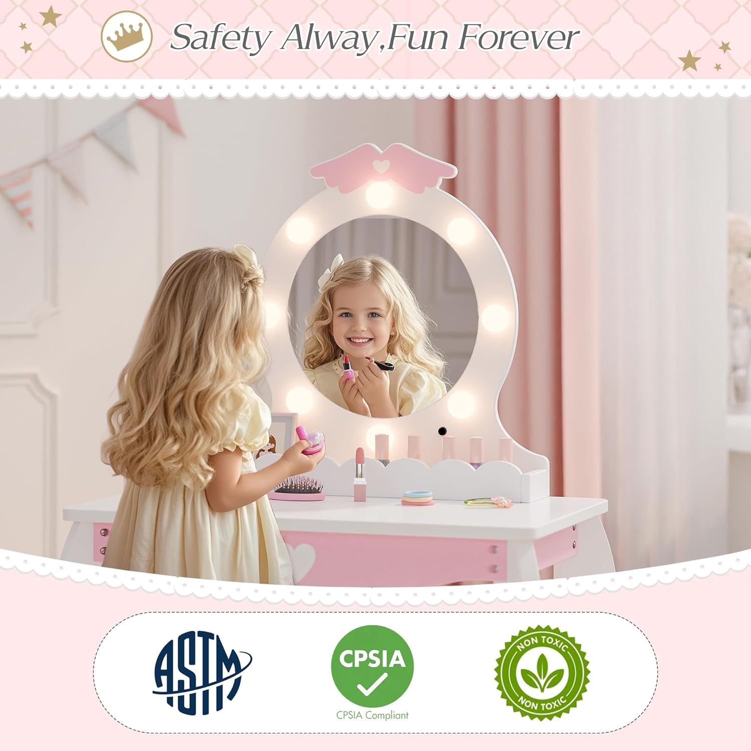 Safety standards and rounded corners of the MU Kids Vanity Set