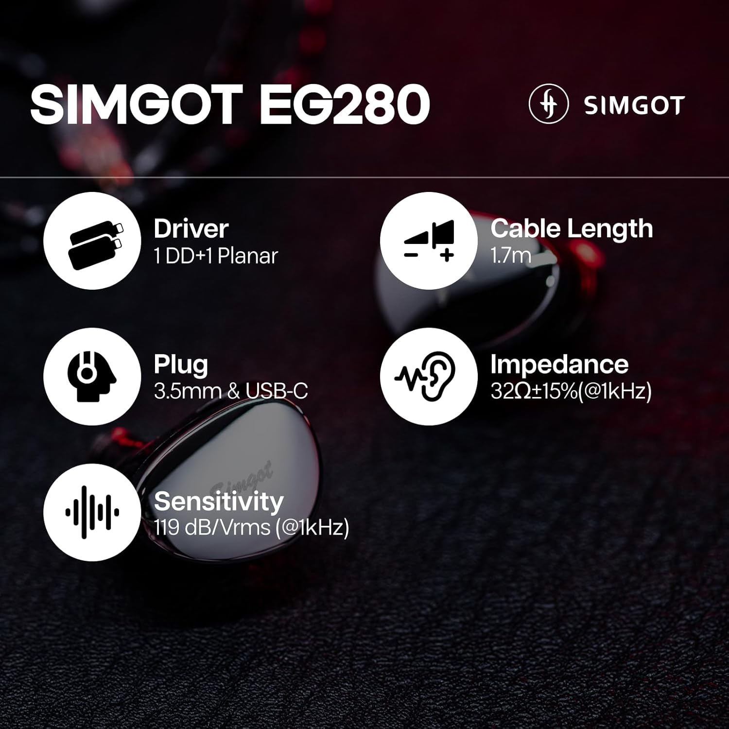 SIMGOT EG280 in-Ear Monitor, 1DD+1 Planar HiFi Wired Gaming IEM Earphone with Microphone, 1.7m Long Detachable 2-Pin OFC Cable, with USB-C Adapter, for FPS Games Audiophile Musician