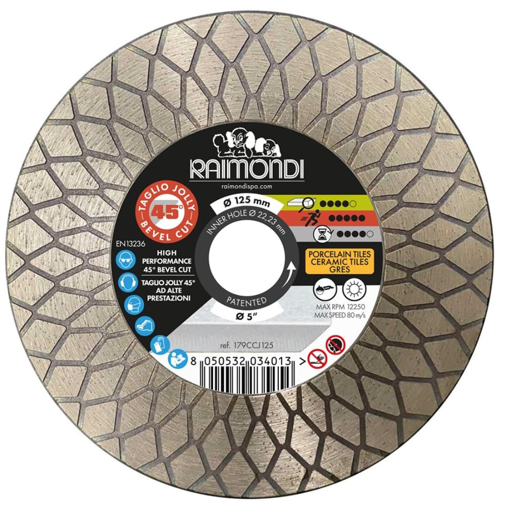 RAIMONDI Disco Diamantato Diametro 125 MM Taglio Jolly 45° F22,2 MM Smussatura Marmo Gres Porcellanato Vetro Granito