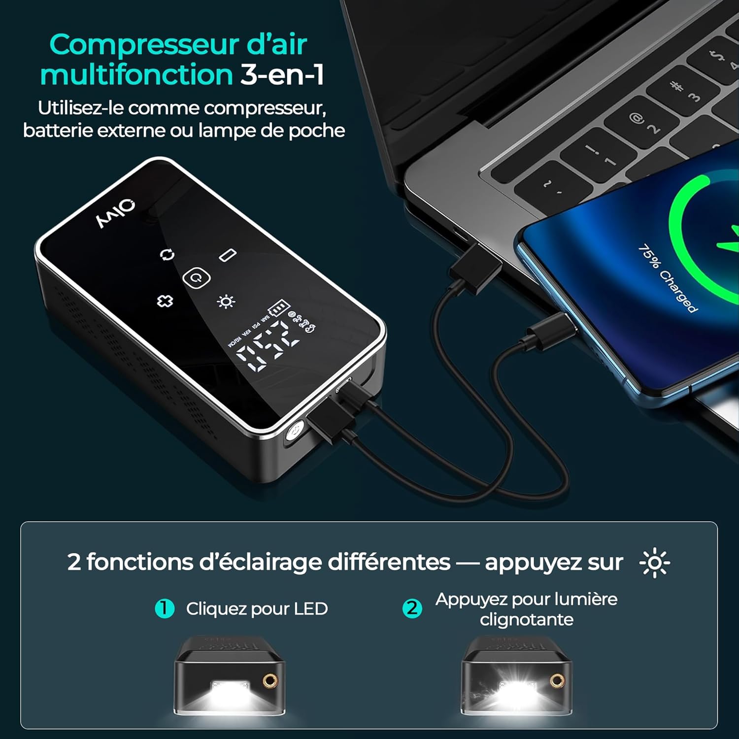 Image illustrating the 3-in-1 functionality of the Olvy Portable Air Compressor, showing it being used as a power bank to charge a smartphone and demonstrating its LED flashlight function with two modes: steady light and flashing light.