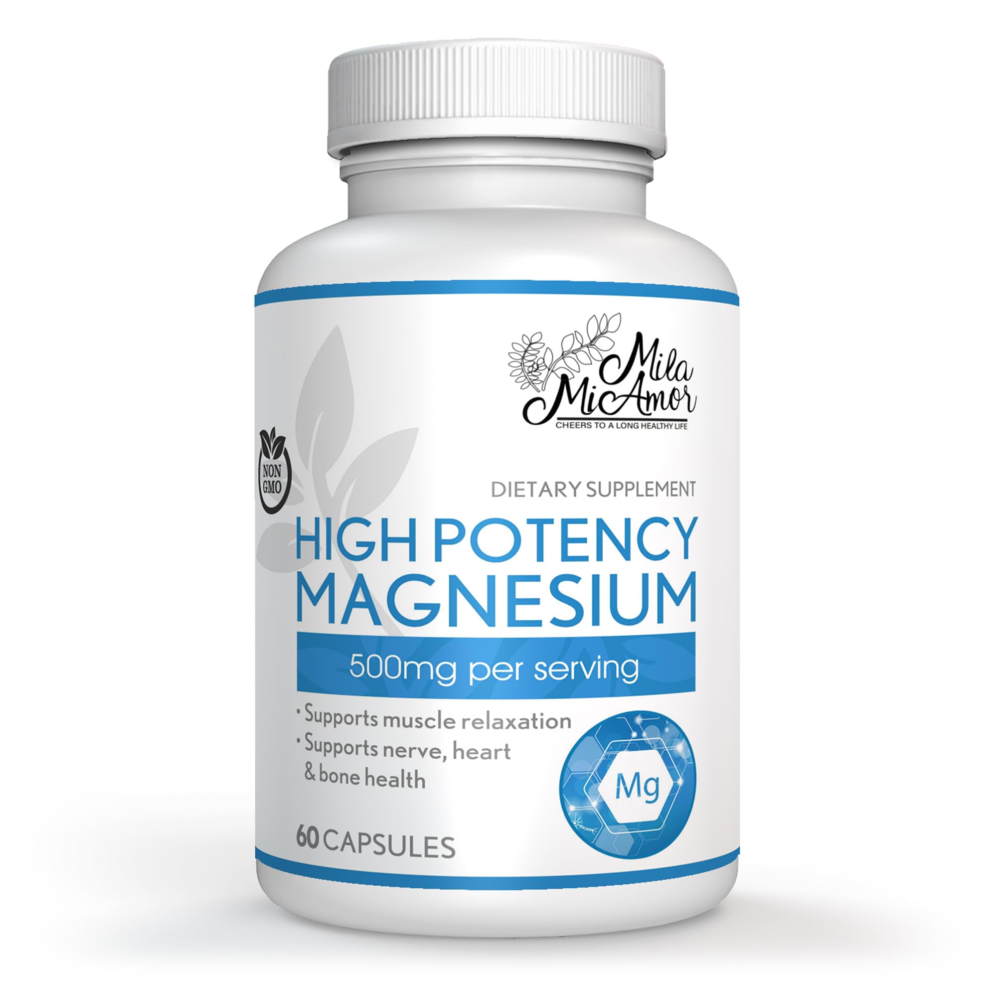 Milamiamor High Potency Magnesium - High Absorption Magnesium Citrate - Whole Body Support - Heart, Nerve and Bone Health - Non-GMO, Vegan & Gluten Free - Made in USA - 500 mg - 60 Capsules