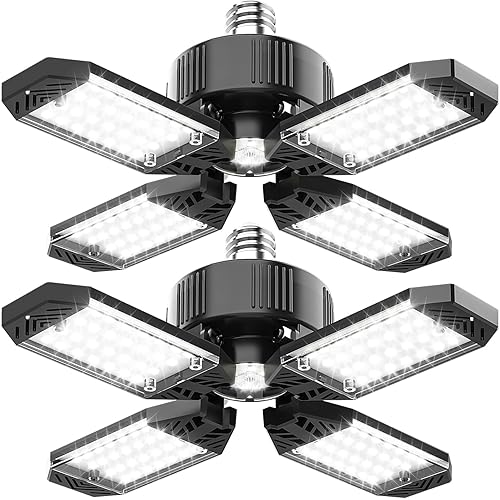 LED Garage Light - 2PACK 130W 13000LM Deformable 4+1 Panel LED Garage Ceiling Lights with Transformer, E26/27 Base, 6500K Daylight White Shop Lights for Factory, Storage Room, Warehouse