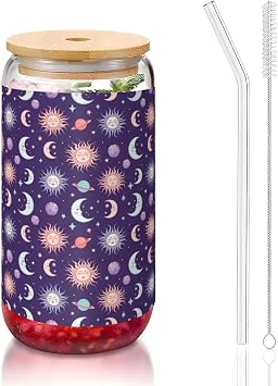16oz Borosilicate Glass Cups with Lids Straws, Purple Galaxy Night Star Sky Trippy Sun And Moon, Clear Drinking Glasses for Smoothie, Juice, Tea, Wedding for Bride, Bachelorette