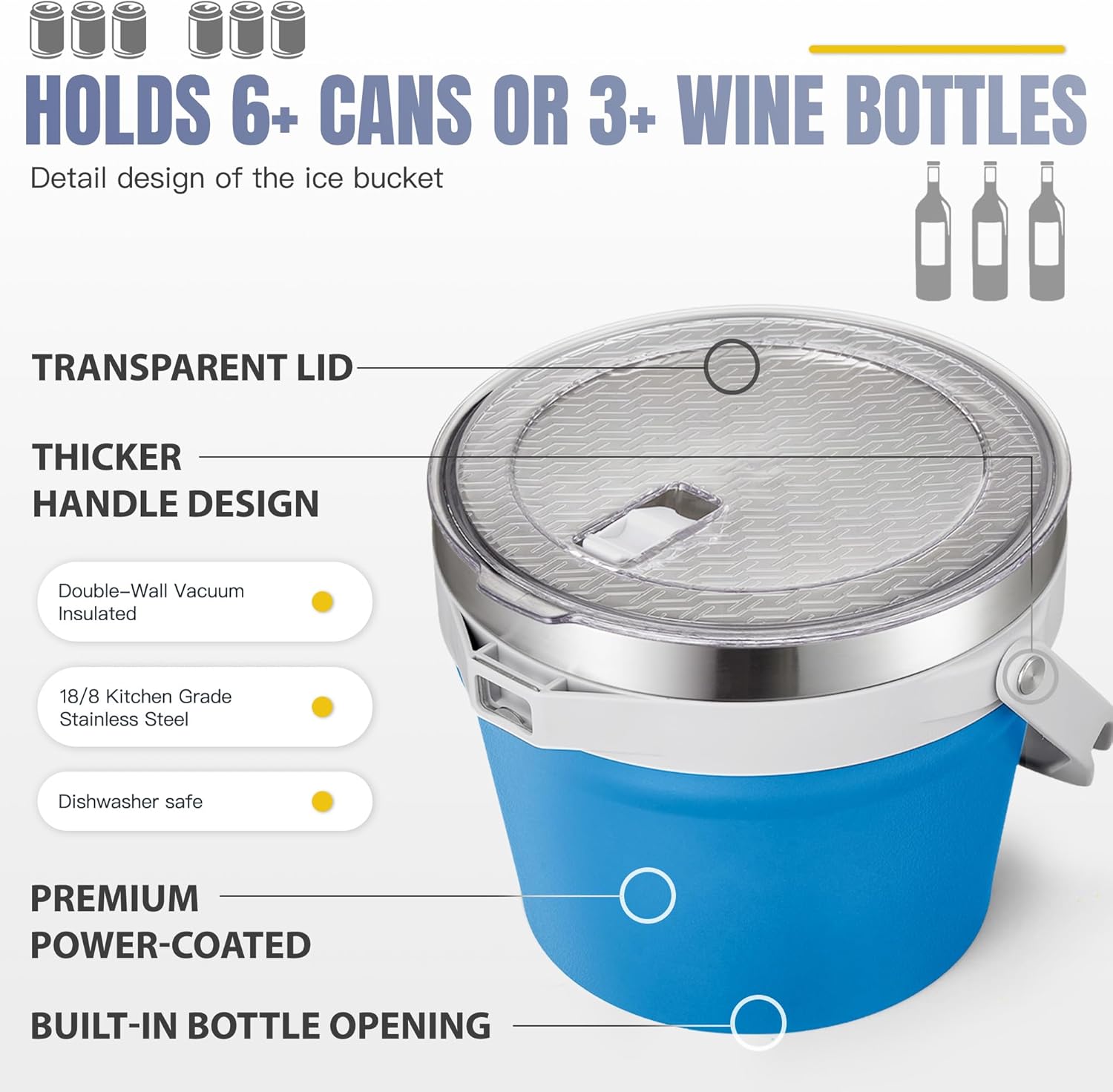COKTIK 7L Vacuum Insulated Ice Bucket with Lid and Scoop& Tongs,Large capacity Stainless Steel Beverage Bucket for Cocktail, Champagne, Wine, Beer,Large Parties(Blue Suit) - Image 3