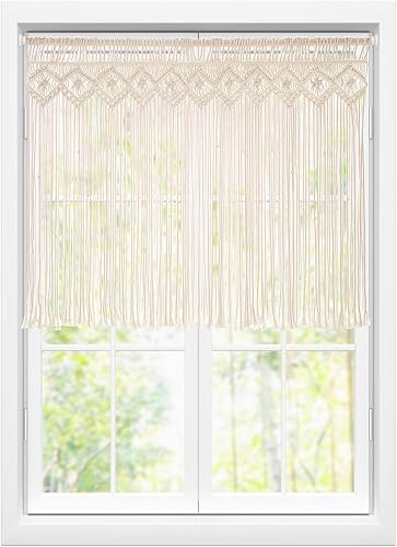 Miniatura 3 de Mkono Cenefa de macramé ancha, 35 pulgadas de ancho x 26 pulgadas de alto, paneles de cortinas cortas para ventana, cenefa tejida bohemia para