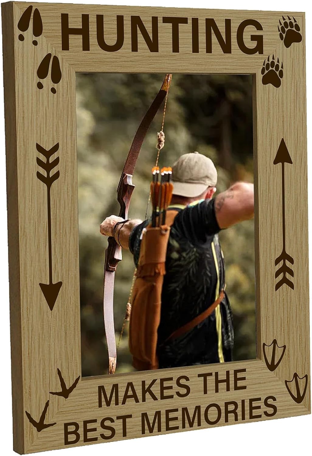 CREATCABIN Hunting Picture Frame Paws Print Wood Photo Frames Engraved Display Tabletop Postcard Frame for Hanging Wall Birthday Christmas Home Hunters Gifts 4x6Inch-Hunting Makes The Best Memories