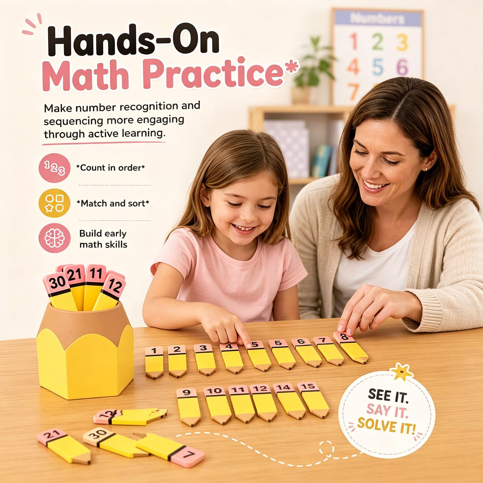 Zahlenlern-Set (Bleistift-Design) mit Halter (2pcs) | Wiederverwendbare Lernhilfen für Zahlenreihen, Zuordnungsspiele, Unterrichtsaktivitäten und Vorschule