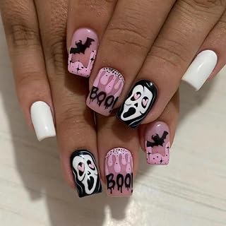 QINGGE Halloween Press on Nails Short Black & Pink Square Nails with Ghost Face Bat Pattern Design Horrible Glossy False Acrylic Stick on Nails for Women Glue on Nails 24Pcs