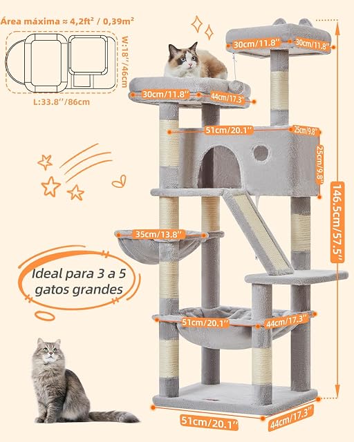 Foto 6 de 8 de Taoqimiao Rascador para Gatos 146cm, Árbol para Gatos Grandes, 8 Postes de Sisal para Arañar, Panel Rascador