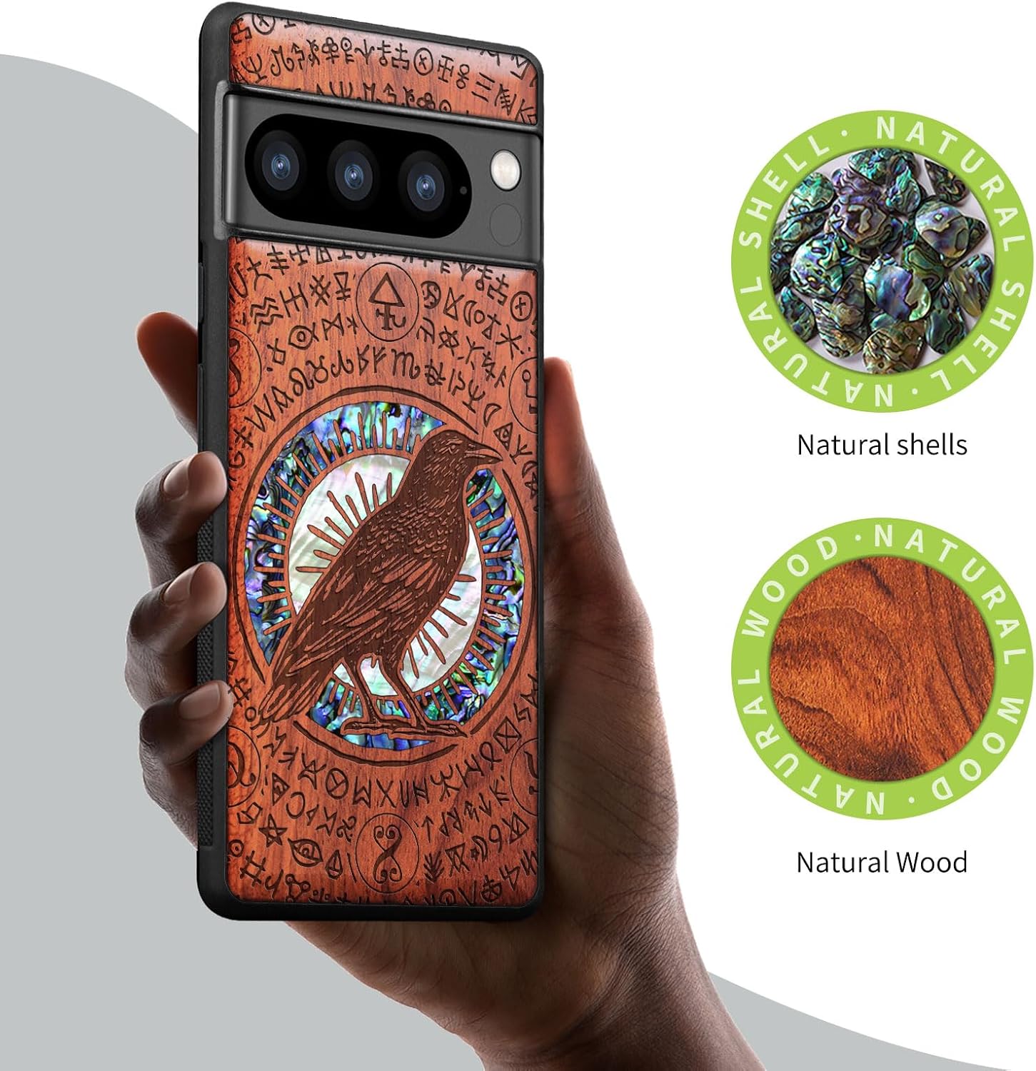 Carveit Designer Wooden Case for Google Pixel 8 Pro Case Cover [Wood Engraving & Shell Inlay] Compatible with Wireless Chargers Pixel 8 Pro (Haloed Crow-Rosy)