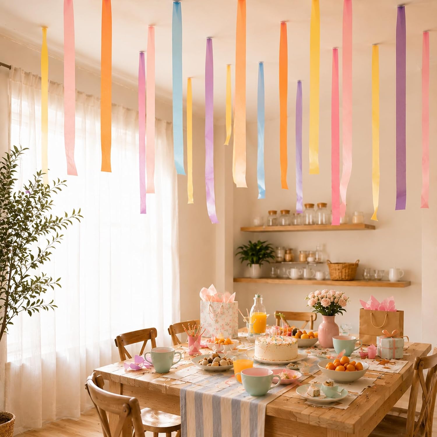 492 FT Crepe Paper Streamers, 300 Paper Chain Strips & 79 FT Gold Star Garland, DIY Ceiling Party Decoration Kit with Tape & Stapler for Birthday Wedding Holiday Decorations (Pastel Party Decor)