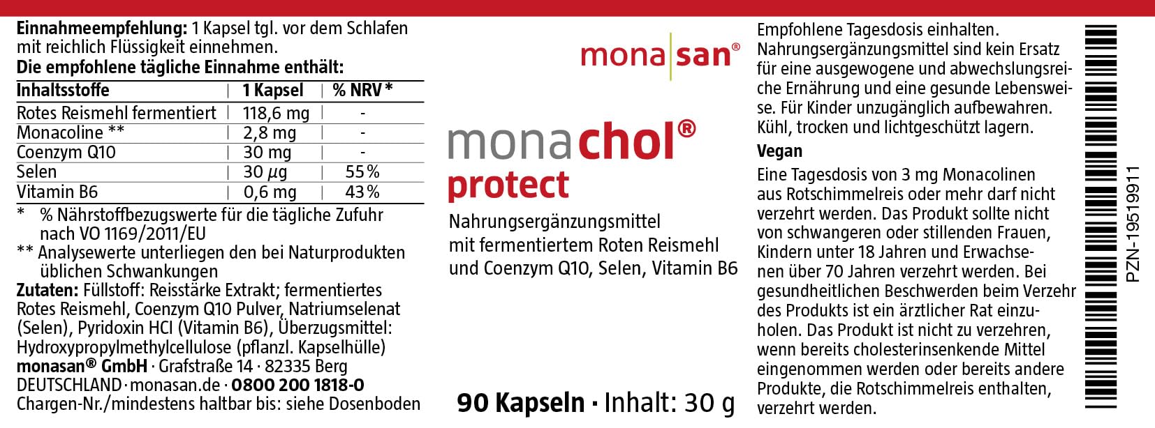 MONASAN monachol® protect Fermentierter Roter Reis Q10 Selen B6, 90 Stück