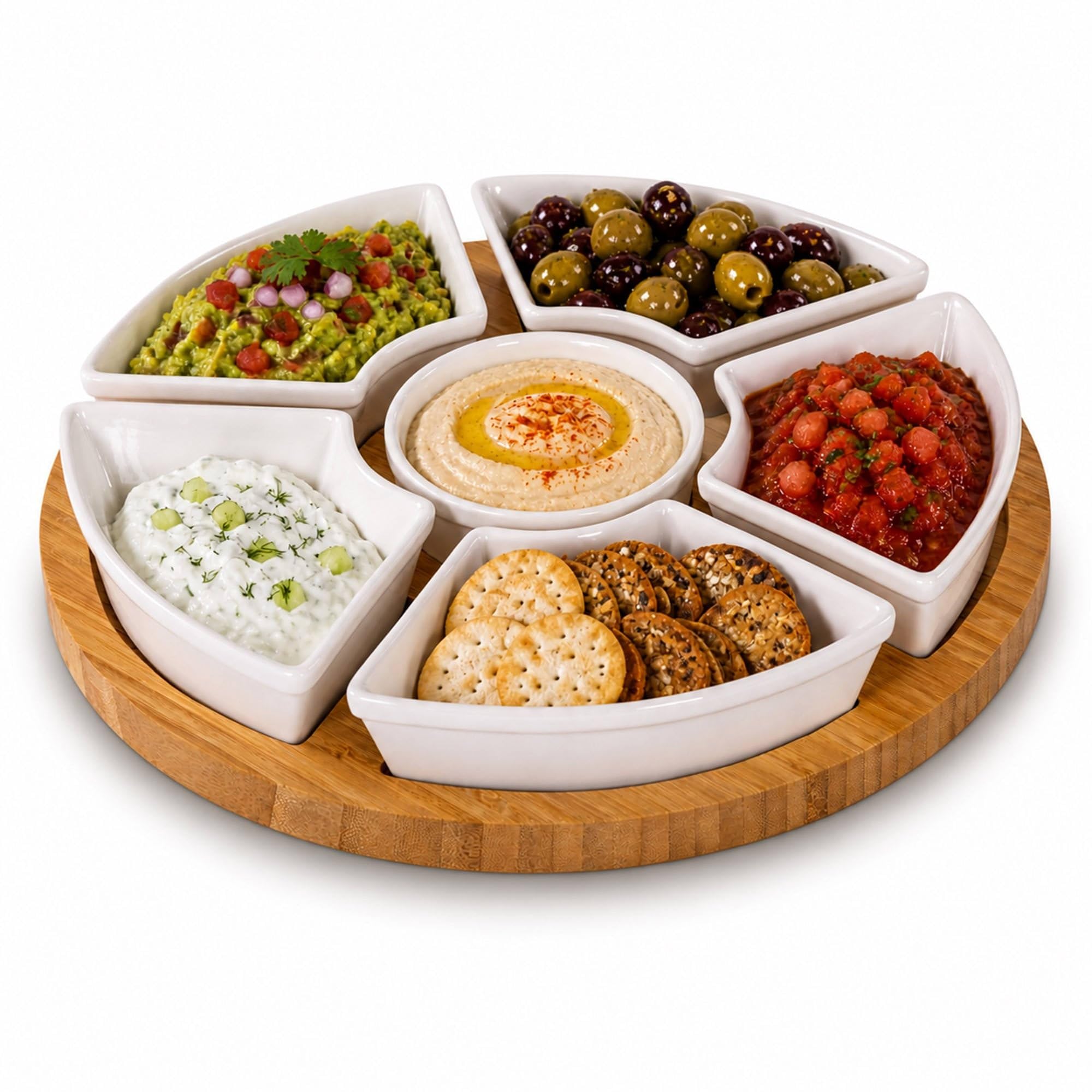 Oypla Rotating Bamboo Lazy Susan Snack Bowl Serving Platter with Ceramic Dishes