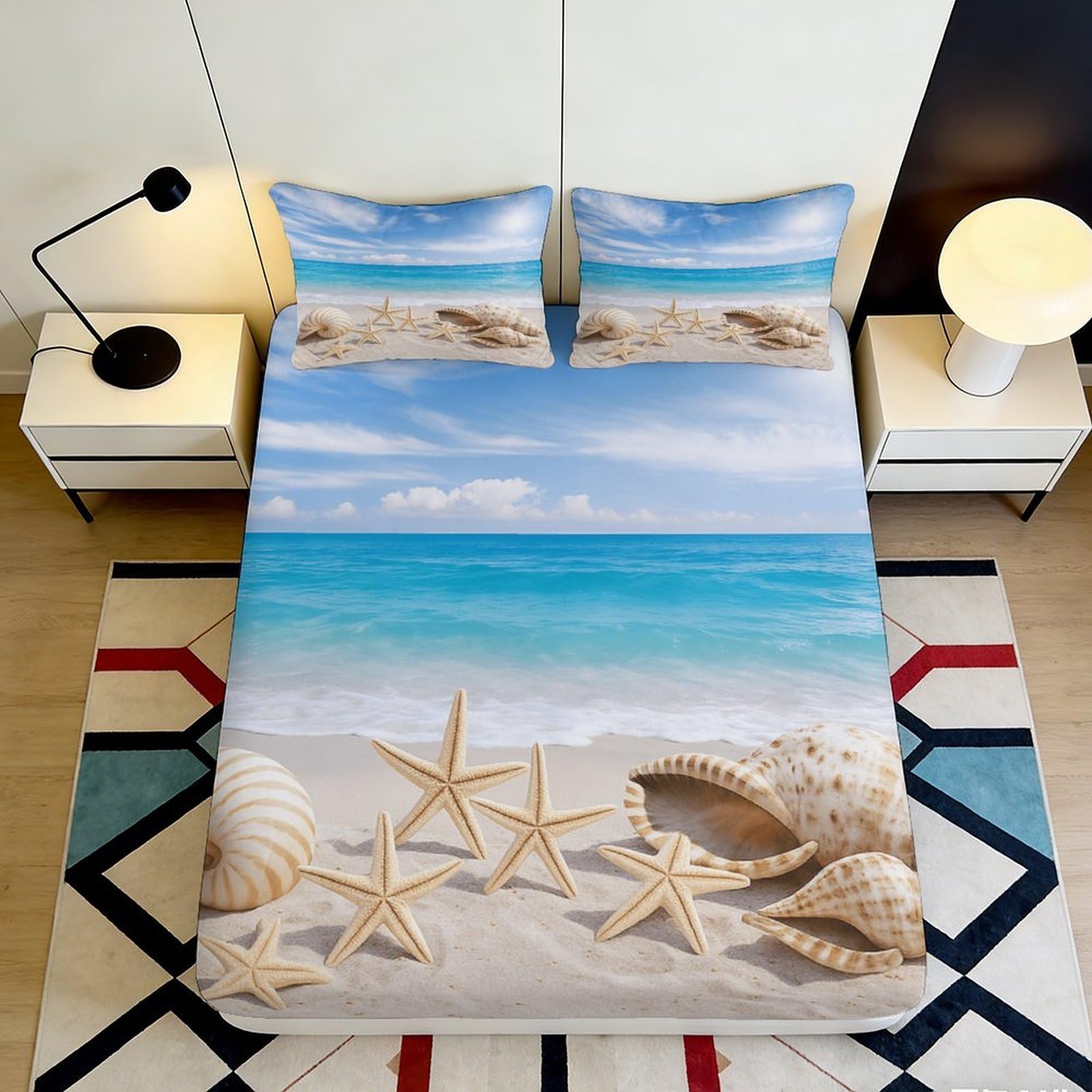 3D Printed Beach Ocean View Fitted Sheet Microfiber Soft Coastal Seashell Mattress Cover for Bedroom Guest Room 200x200x25cm