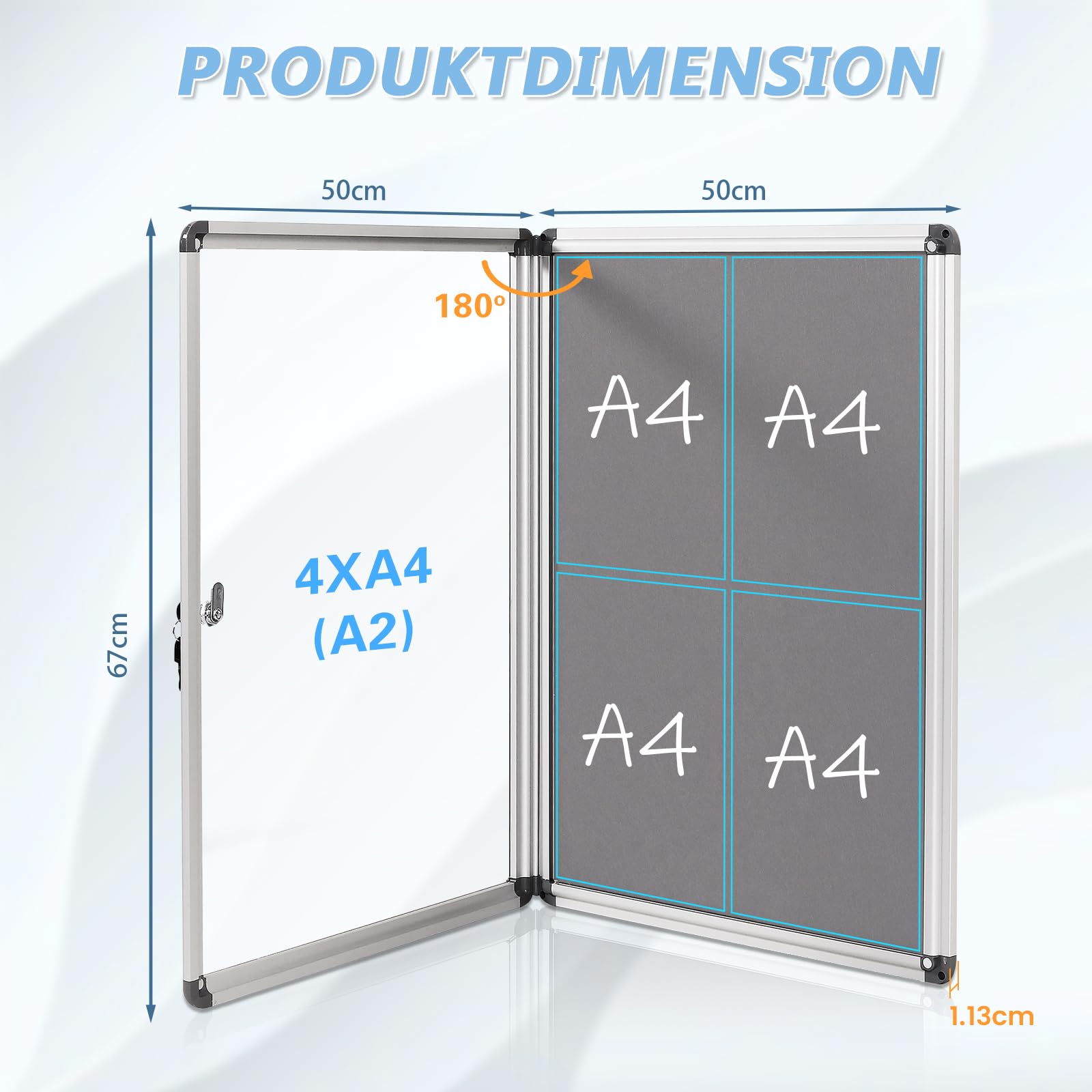 MAKELLO Schaukasten 4xA4 Alu Infokasten Plakatschaukasten Innen, Abschließbar, FilzrüCkwand, Grau - 67x 50cm