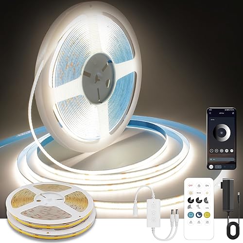 Miniatura 14 de COB - Tira de luces LED de color blanco cálido, kit de tira de luz LED regulable de 24 V con control remoto y aplicación, 3000 K 32.8 pies/6.6 x