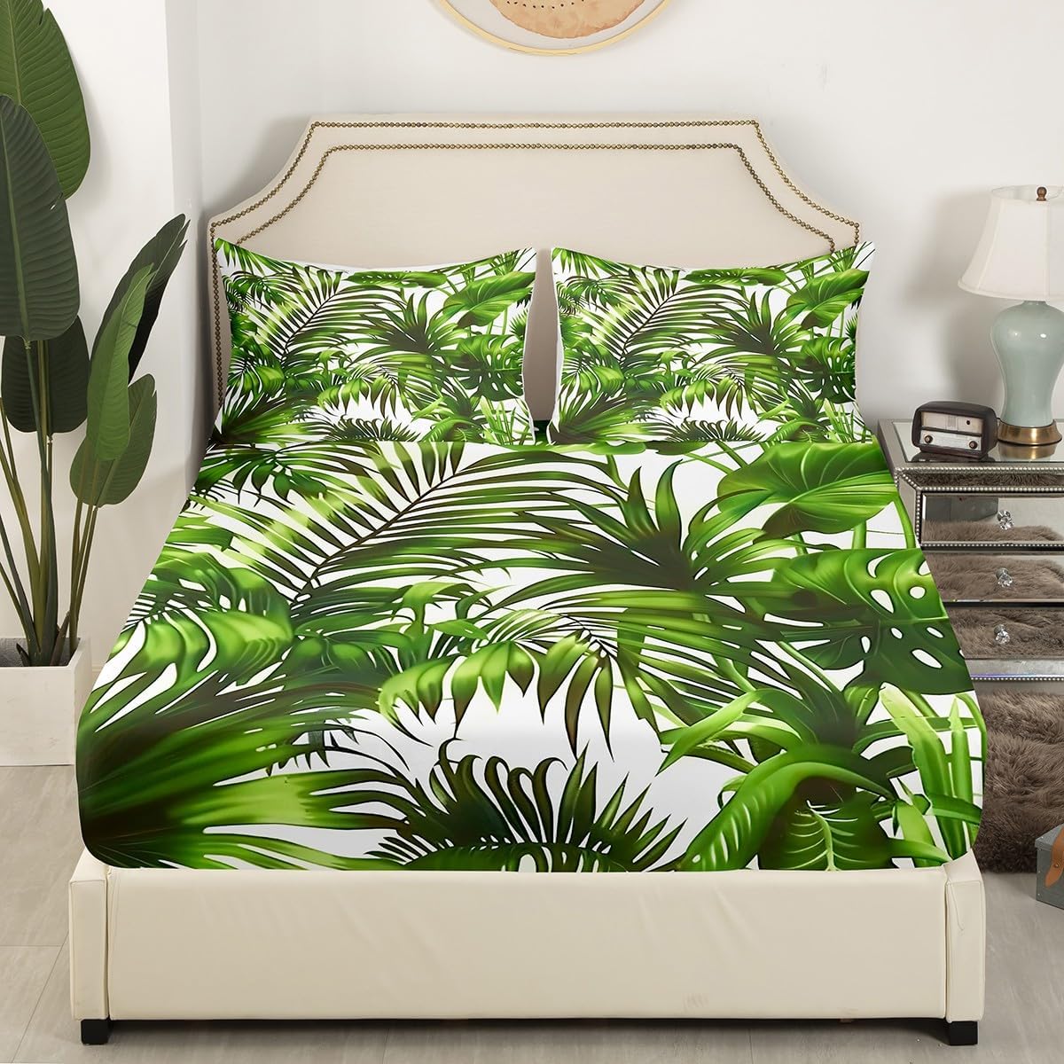 Erosebridal Green Leaves Full Fitted Sheet Palm Tree Printed Bedding, White and Green Bed Sheets Tropical Jungle Bed Cover, Botanical Plants Theme Bed Set Cozy for All Seasons (Deep Pocket)