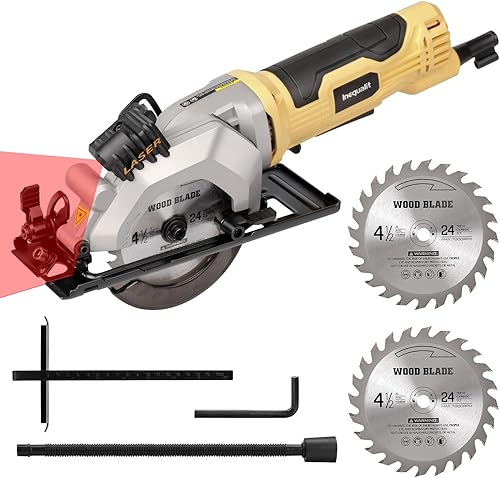 Mini sierra circular de 4 amperios, sierra compacta con cable de 3500 RPM con hojas TCT 24T de 4-1/2", guía láser, guía de corte, adaptador de vacío
