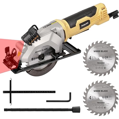 4Amp Mini Circular Saw, 3500RPM Corded Compact Saw with 4-1/2" 24T TCT Blades, Laser Guide, Rip Guide, Vacuum Adapter and Blade Wrench, Max Cutting Depth 1-11/16"(90°), 1-1/8"(45°）