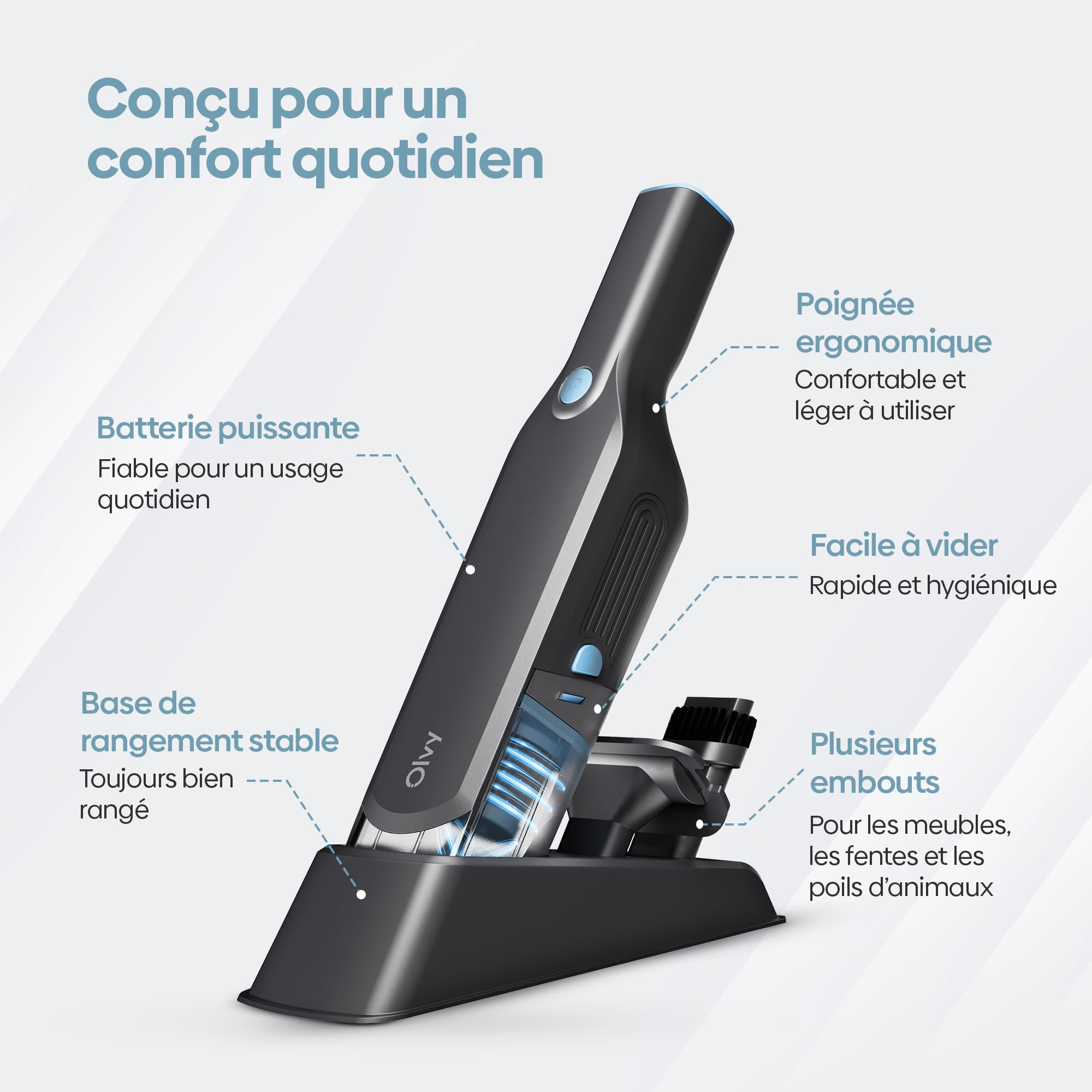 Aspirateur portatif sans fil puissant à 2 vitesses pour poils d'animaux, mini aspirateur portable pour voiture et maison, longue autonomie, filtre HEPA lavable, nombreux accessoires