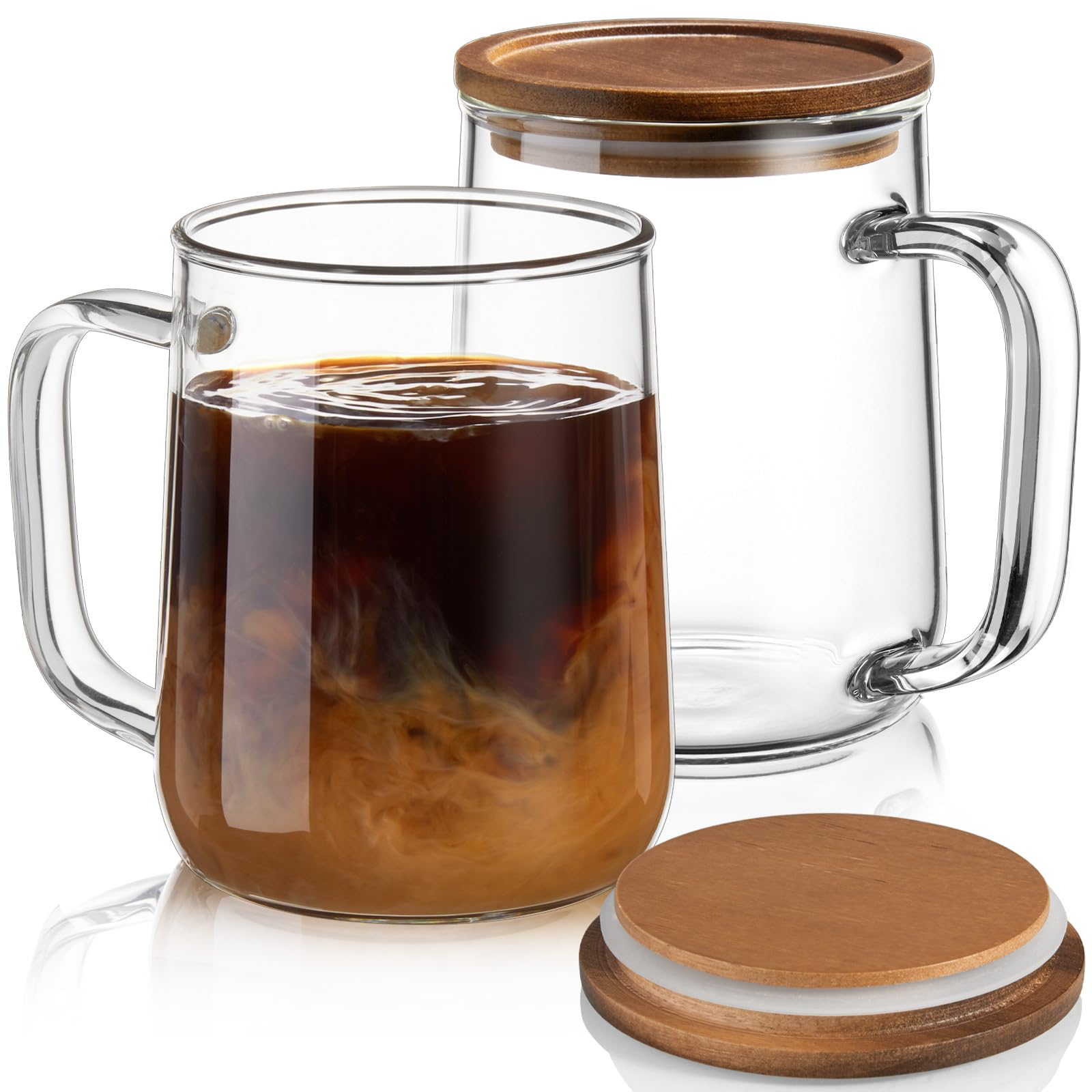 Photo 1 of ***MISSING LIDS***
CMLKLZD Glass Coffee Mugs, 20 oz Glass Coffee Cups with Acacia Wood Lids, Clear Borosilicate Glass Mugs with Handles for Cappuccino, Tea, Latte, Hot/Cold Beverages, Wine, Americano, Set of 2