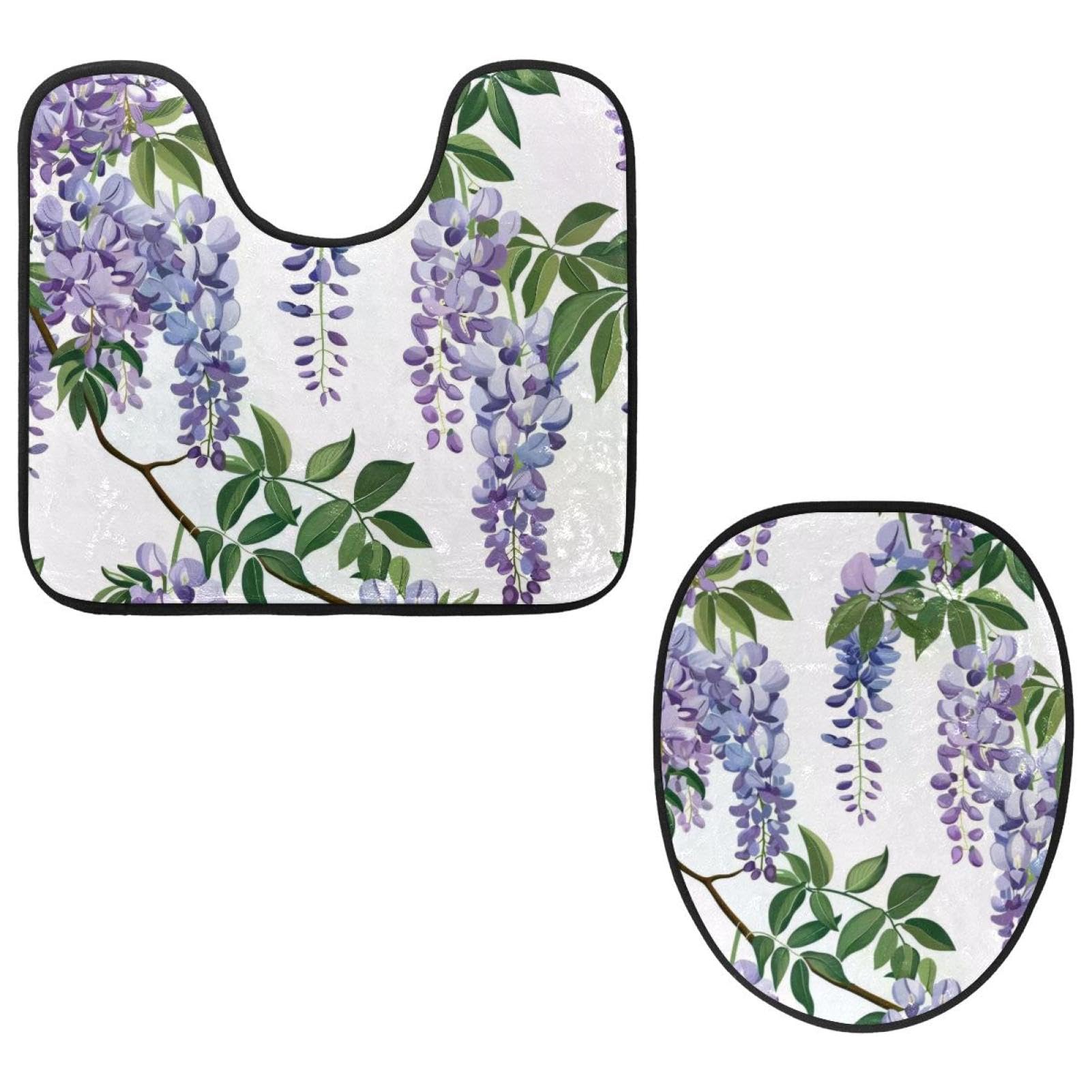 MUOOUM Toilet Lid Cover and U-Shaped Toilet Floor Mat Set of 2 Pieces, Wisteria Flower Pattern Toilet Mat Set, Machine Washable Seat Covers Non-Slip Absorbent Rugs