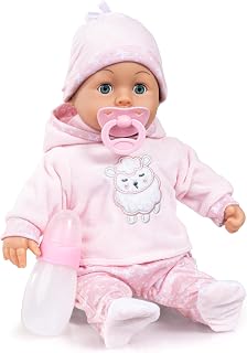 Bayer Design: 15" First Words Baby Doll - Soft Pink & Lamb Hoodie Outfit, Makes 24 Sounds, Soft Body, Sleepy Eyes, Bottle-Pacifier Toys, Toddler 18mo+
