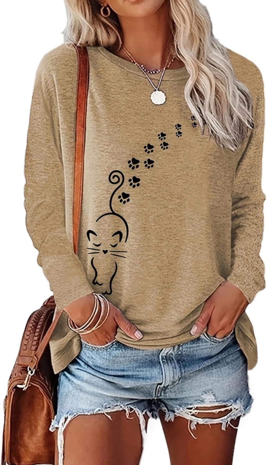 Women's Long Sleeve tees Cat Mom Graphic Tee Shirts Womens Graphic t Shirts Pullove...