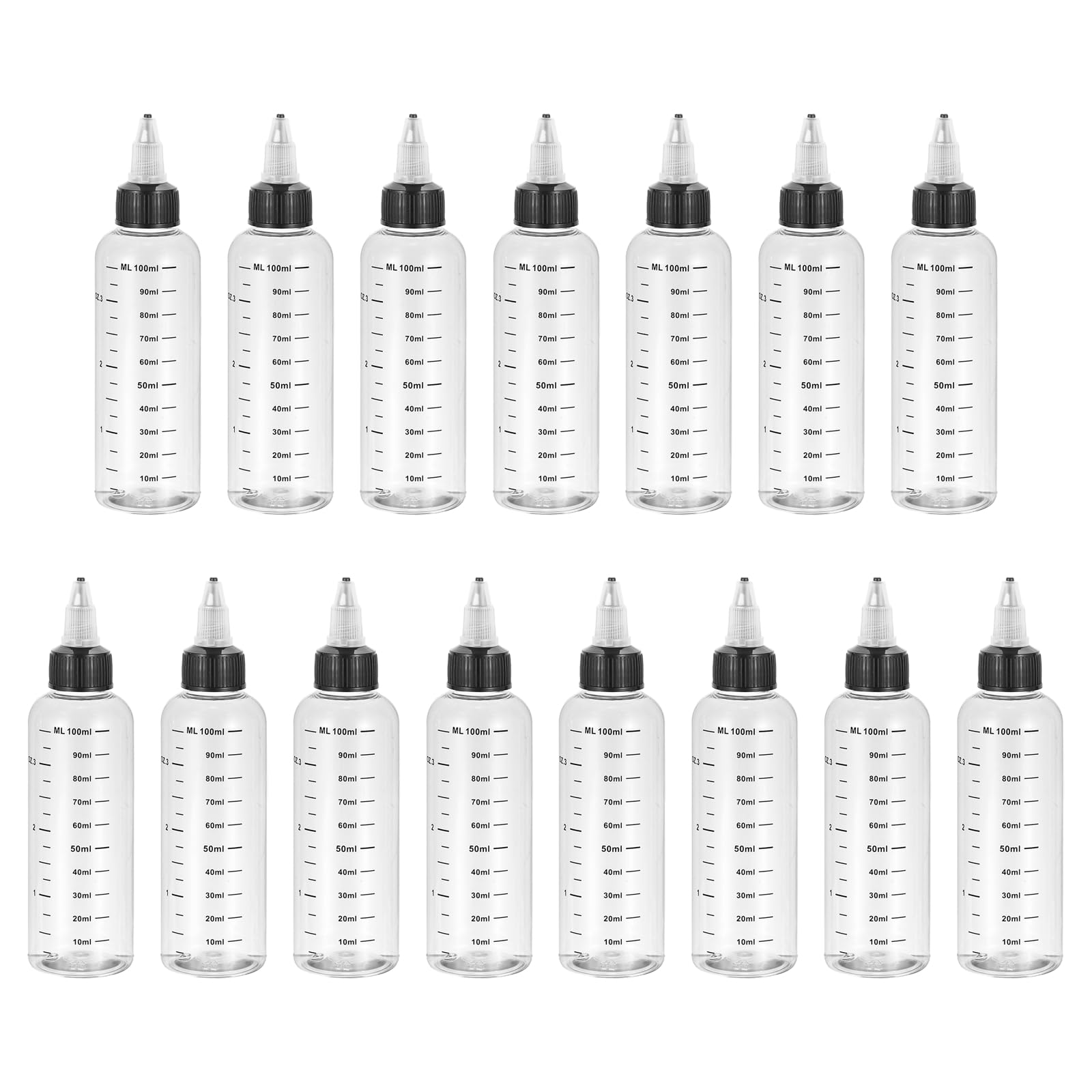 Flacon à buse doseuse 100ml transparent et gradué avec bouchon noir à vis étanche