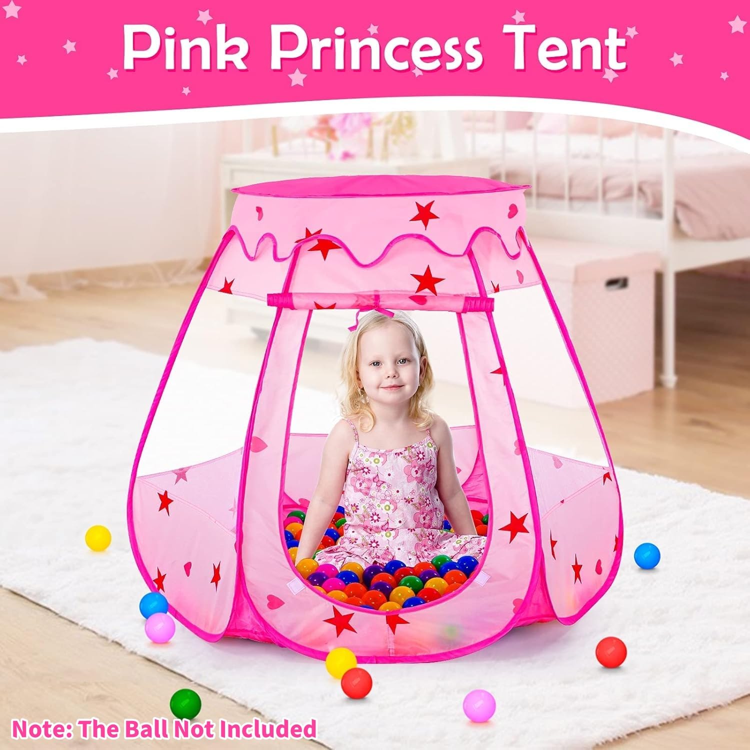 KAHEIGN Tente de Princesse Pop-Up 115CM x 90CM Pliable Piscine à Balles Rose avec Sac de Transport