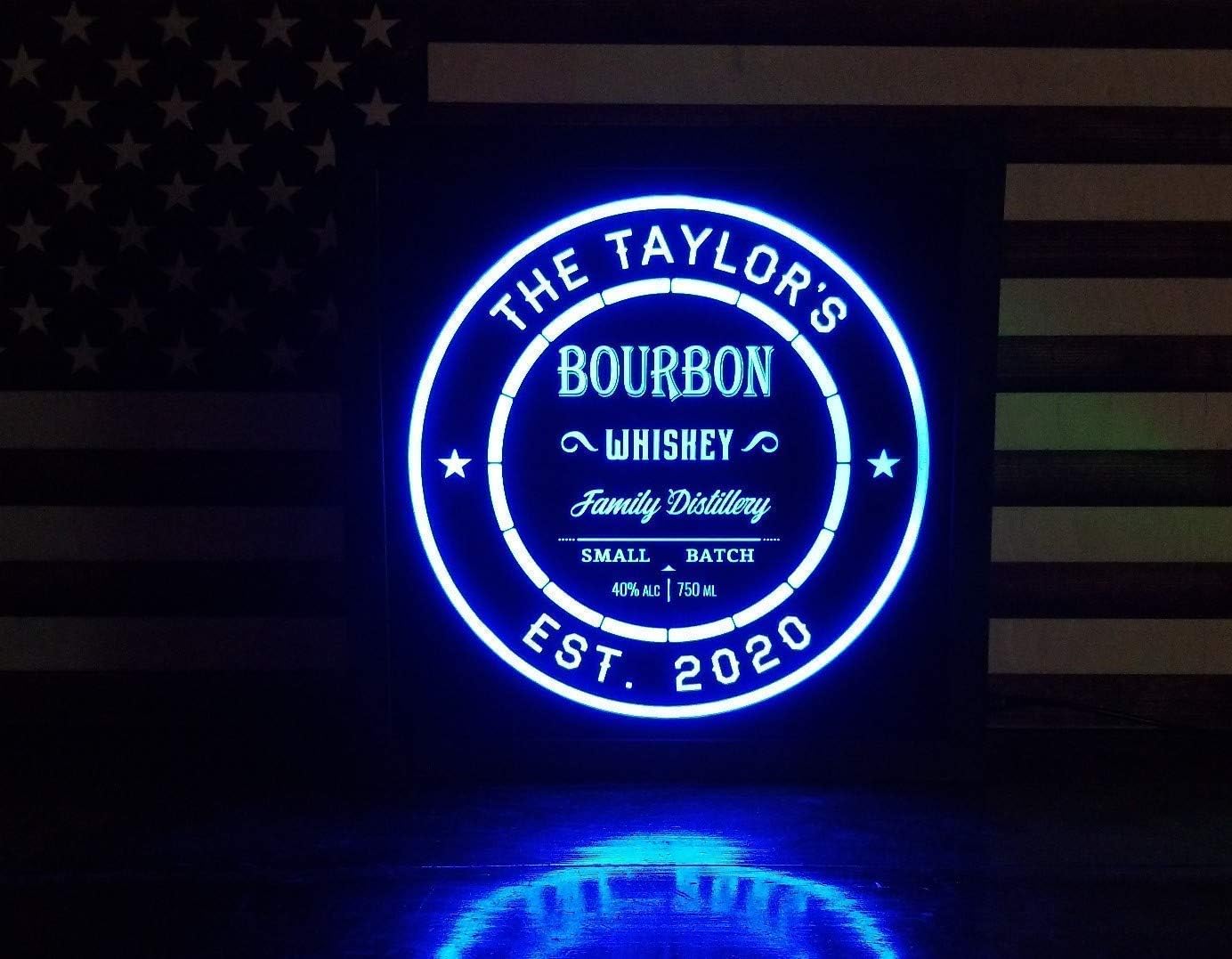 Personalized Bourbon Whiskey Sign LED – Custom Distillery for Home Bar or Lounge – 12x12 Wood Frame RGB Engraved Light Box with Remote Control - by Bones & Smoke Co