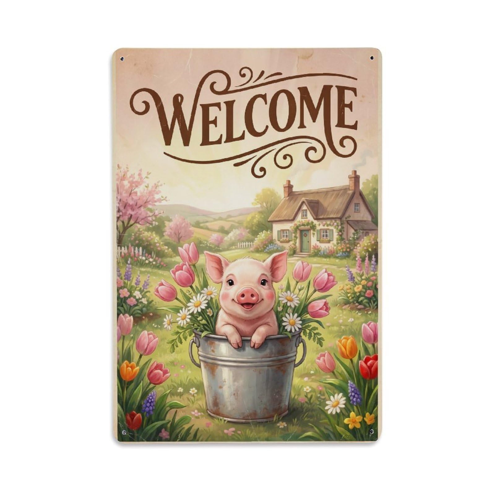 Cxhjca 8X12inch(20X30cm) Vintage Welcome Piglet Blooming Season Metal Tin Sign