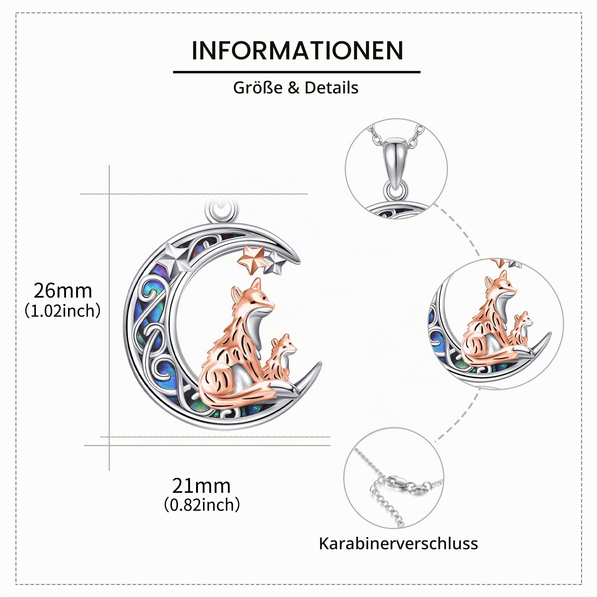 Fuchs/Katze Halskette Sterling Silber Fuchs auf Mond/Schwarze Katze Anhänger Tier Schmuck Geschenke für Frauen Mutter