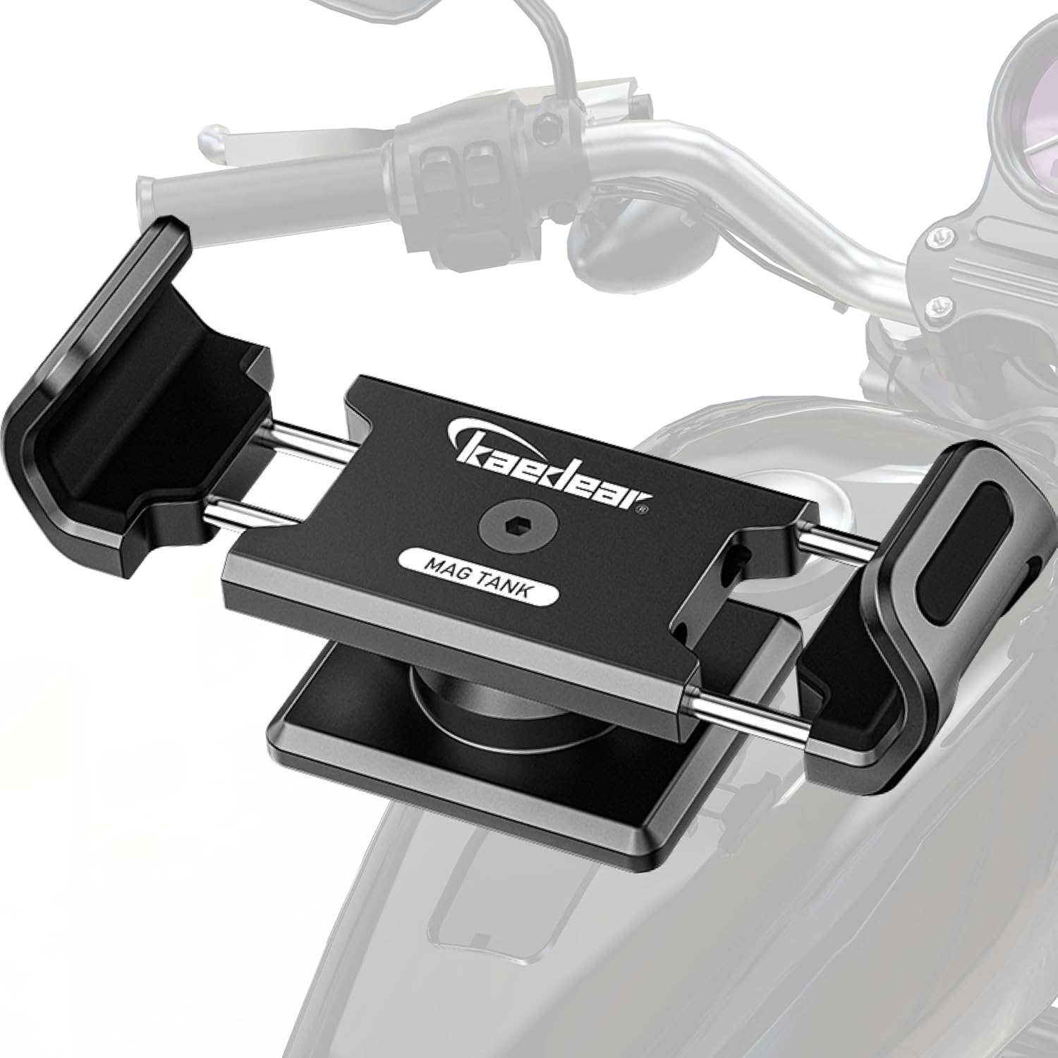 Kaedear Motorcycle Magnetic Phone Holder, Strong Neodymium Magnet, Aluminum, Stainless Steel Extension Arms, 360° Rotation, Scratch Protection, Mag Tank (Black/Vibration Absorption Mount)