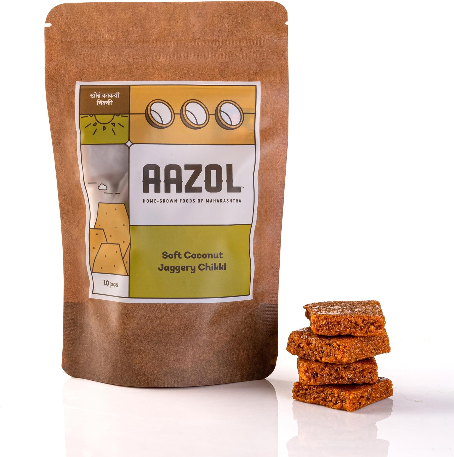 Aazol Soft Coconut Jaggery Chikki - 10pcs | Ideal Dessert | Fresh Coconut with Mineral-rich Liquid Jaggery | NO Added Sugar | Ready to Eat