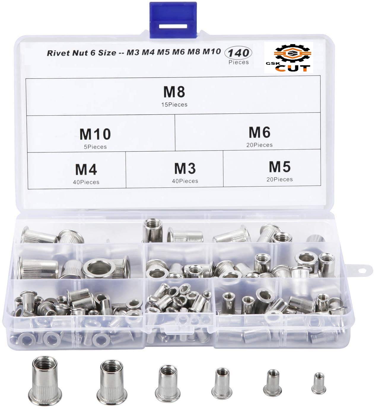 GSK Cut® 140 Pcs Zinc Plated M3 M4 M5 M6 M8 M10 Flat Head Metric Threaded Rivetnut Insert Nut insert Rivet Nut Kit